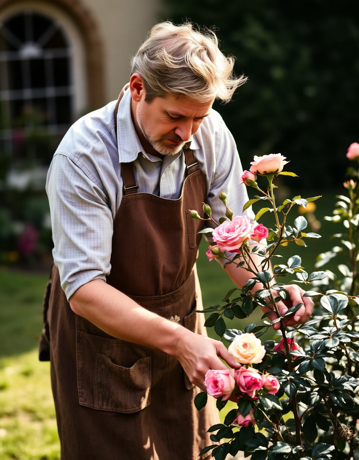 Jardinier prenant soin d'un rosier